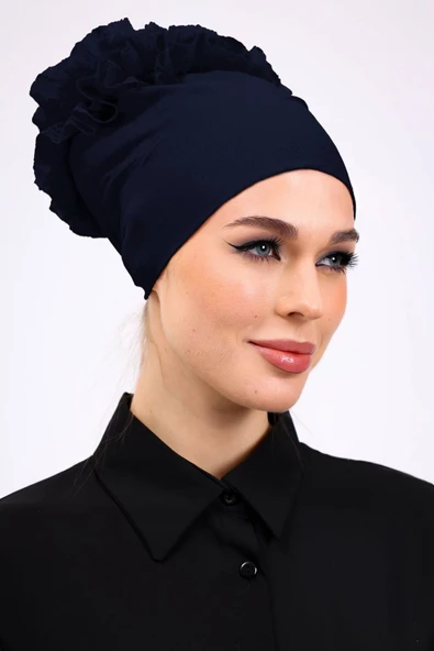 Loggia Kaymayan Fırfırlı Silikonlu Dikişsiz Bone - Kaymaz Kadın Tesettür Bağlamalı İç Bone-Lacivert - Resim 4