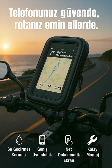 Su Geçirmez Telefon Tutucu Bisiklet & Motosiklet 6.7 inç Uyumlu, Dokunmatik Ekran, Kolay Montaj