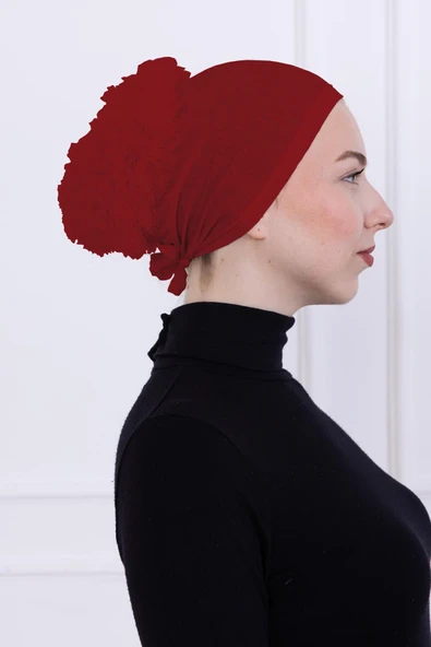 Loggia Fırfırlı Önden Dikişli Penye Bone - Kadın Tesettür Bağlamalı Topuz İç Bone-Bordo - Resim 5