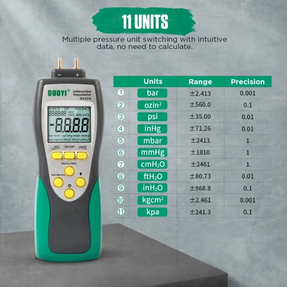 DUOYI DY27A Dijital Diferansiyel Basınç Ölçer Manometre Bar Hassasiyeti 0.001-Hava Basıncı Test Cihazı - 3