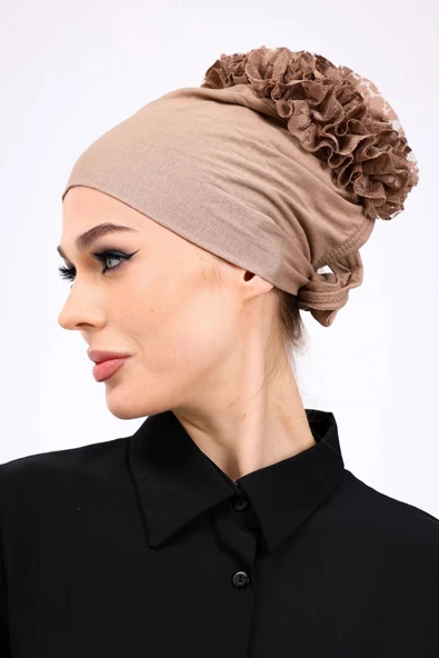 Loggia Kaymayan Fırfırlı Silikonlu Dikişsiz Bone - Kaymaz Kadın Tesettür Bağlamalı İç Bone-Vizon - Resim 7