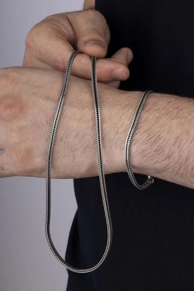 Gümüş Pazarım Tilki Kuyruğu 925 Ayar Gümüş Erkek Zincir Bileklik Kolye Kombini - 3