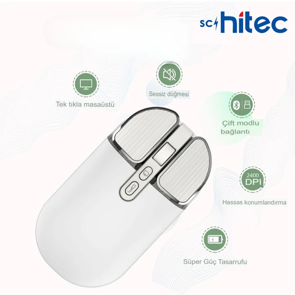 Schitec M203 Çift Modlu Taşınabilir Optik Kablosuz 2.4GHz ve Bluetooth Bağlantılı Süper Sessiz Mouse Beyaz - 4
