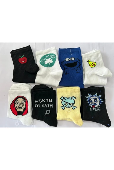 Karakter Desenli Unisex 8 Çift Pamuklu Çorap - 1