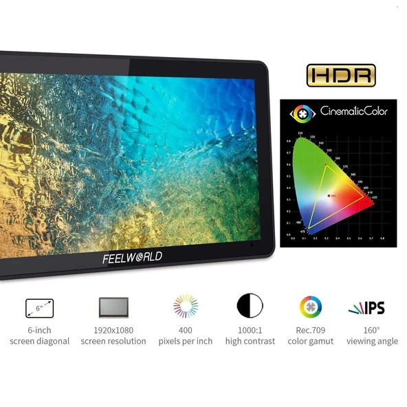 FEELWORLD F6 PLUS 6 inç  3D LUT Kamera  Alan Monitörü 1920x1080 HD 4K HDMI - 2