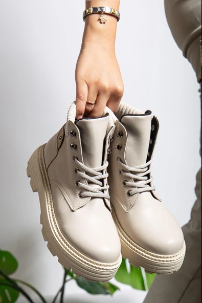 ET-ZNN-Krem Cilt Bağcıklı Yüksek Taban Kadın Bot ürün görseli