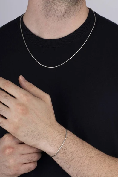 Gümüş Pazarım İtalyan Model Klasik Erkek Gümüş Zincir Kolye Bileklik Kombini