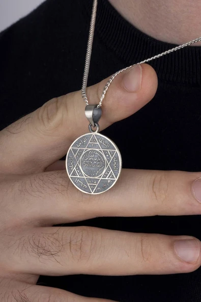 Gümüş Pazarım Hz. Süleyman Mührü 925 Ayar Gümüş Erkek Kolye