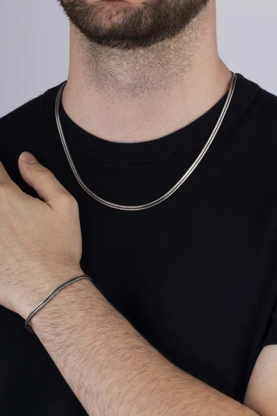 Gümüş Pazarım Tilki Kuyruğu 925 Ayar Gümüş Erkek Zincir Bileklik Kolye Kombini - 2