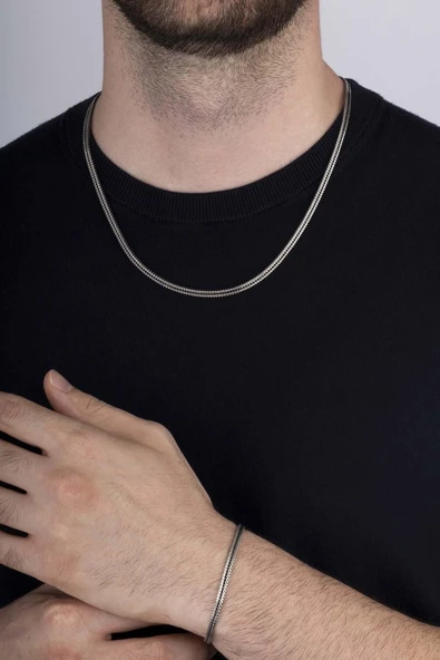 Gümüş Pazarım Tilki Kuyruğu 925 Ayar Gümüş Erkek Zincir Bileklik Kolye Kombini