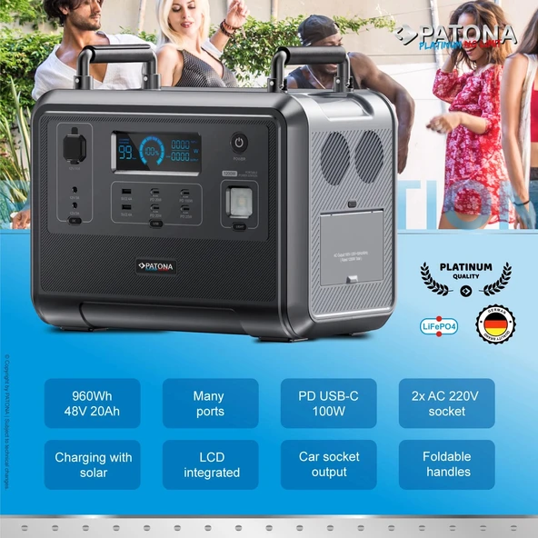 PATONA 9969 Platinum Taşınabilir Güç İstasyonu 1200 960Wh PD100W USB-C USB-A AC LED Işık LiFePO4 - Resim 6