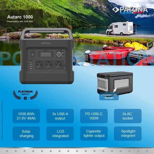 PATONA 9989 Platinum Taşınabilir Güç İstasyonu 1000Wh 1000W/230V USB5V/2.4A DC12V/10A - Resim 3