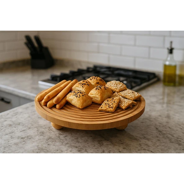 Bambu Dekoratif Top Ayaklı Yuvarlak Sunum Tabağı, Servis Tabağı, (28 X 28 cm) - 2
