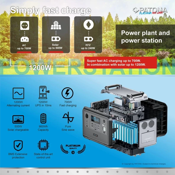 PATONA 9969 Platinum Taşınabilir Güç İstasyonu 1200 960Wh PD100W USB-C USB-A AC LED Işık LiFePO4 - Resim 8