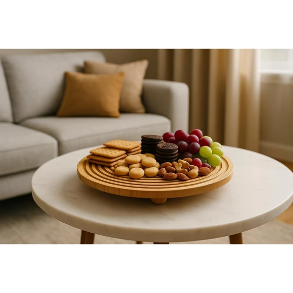 Bambu Dekoratif Top Ayaklı Yuvarlak Sunum Tabağı, Servis Tabağı, (28 X 28 cm) - 3