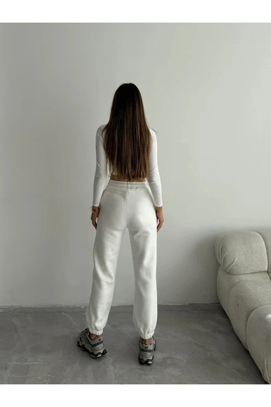 3 iplik şardonlu paça lastikli eşofman beyaz is001 - 3