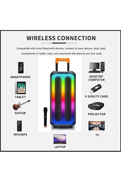 NDR1097 Taşınabilir Tekerlekli Büyük Boy RGB Işıklı Bluetooth Mikrofonlu Hoparlör - 7