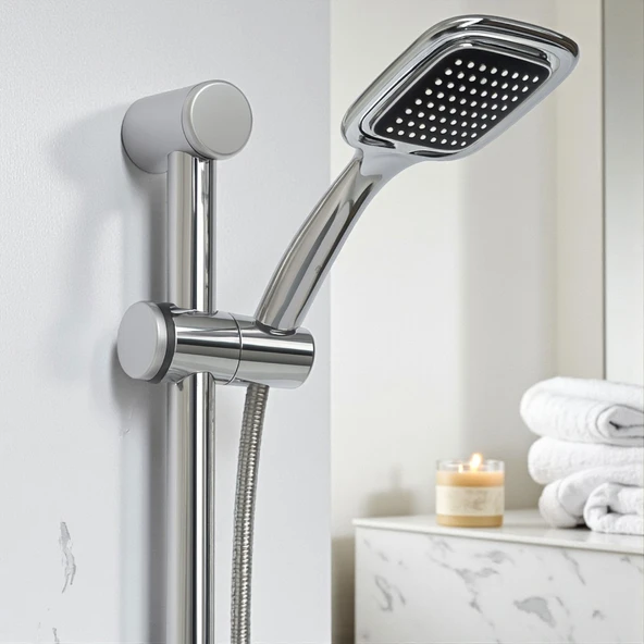 River Sürgülü Duş Seti Krom Kaplama Şeffaf Sabunluklu Ayarlanabilir Yükseklikli Lüks Banyo Duş Takım - Resim 2