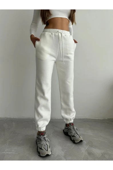 3 iplik şardonlu paça lastikli eşofman beyaz is001