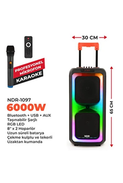 NDR1097 Taşınabilir Tekerlekli Büyük Boy RGB Işıklı Bluetooth Mikrofonlu Hoparlör - 2