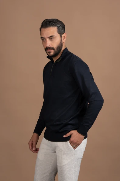 Fermuarlı Balıkçı Yaka Polyamid Kumaş Mevsimlik Triko Kazak - Resim 4