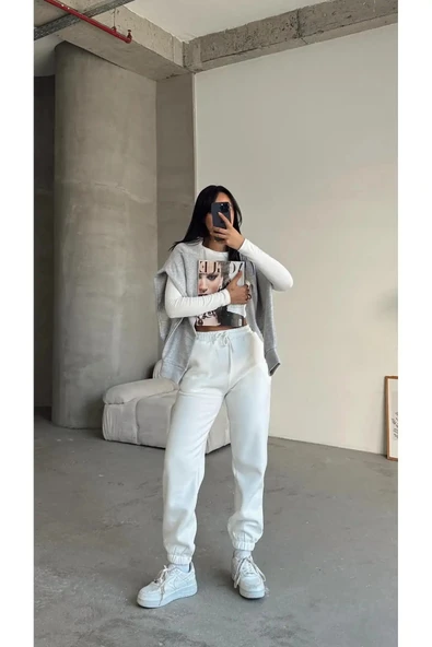 3 iplik şardonlu paça lastikli eşofman beyaz is001 - 2