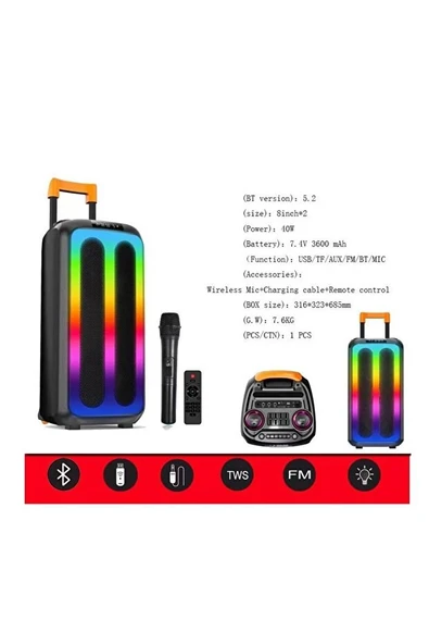 NDR1097 Taşınabilir Tekerlekli Büyük Boy RGB Işıklı Bluetooth Mikrofonlu Hoparlör - 5