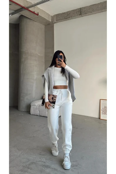 3 iplik şardonlu paça lastikli eşofman beyaz is001 - 6