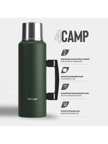 Stevig 4 Camp Klasik Vakumlu Kulplu Çelik Termos 1.5 Lt. Green ST-206 - 2