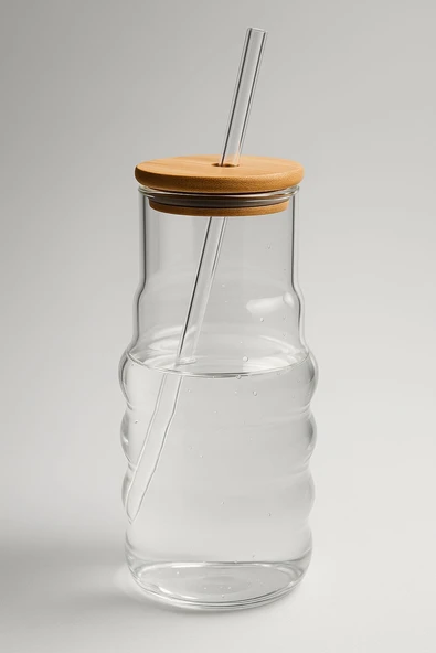 Bambu Kapaklı Motivasyon Cam Bardak / Suluk, 900 ml, Pipet Hediyeli - 2