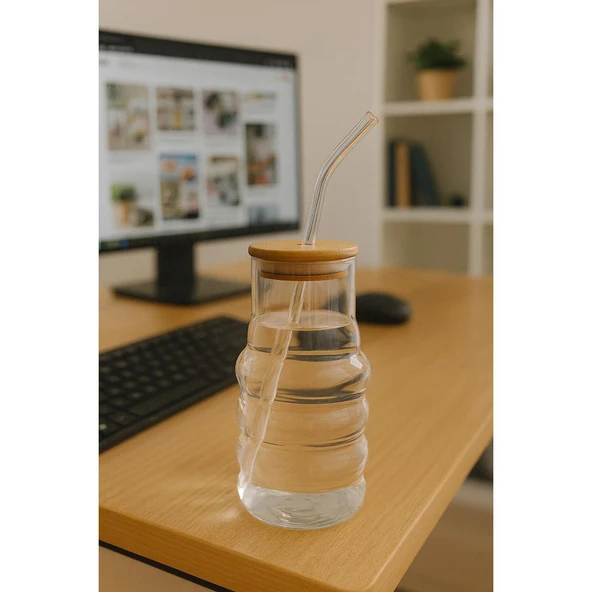 Bambu Kapaklı Motivasyon Cam Bardak / Suluk, 900 ml, Pipet Hediyeli