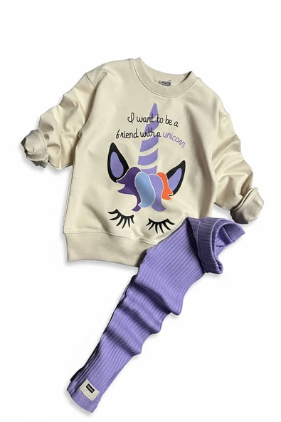 Unicorn Desenli Kız Çocuk Lila Renk Taytlı Takım - 5
