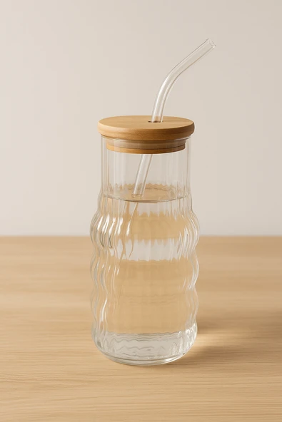 Bambu Kapaklı Motivasyon Cam Bardak / Suluk, 900 ml, Pipet Hediyeli - Resim 2