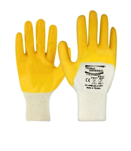 İşçi Eldiveni L No:9 Polyester Örme Nitril Eldiven Sarı-Beyaz (7 ADET) - Resim 2