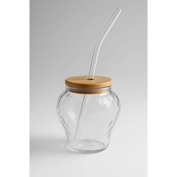 Çilek Model Borosilikat Cam Bardak, Bambu Kapaklı, 400 ml, Pipet Hediyeli - Resim 2