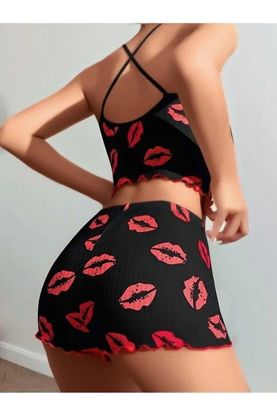 Kadın Siyah Dudak Desenli Şortlu Pijama Takımı 5057 - 3