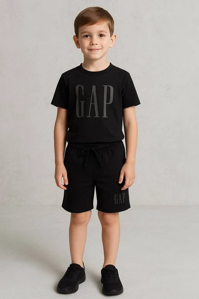 Baskılı Siyah Şortlu Takım