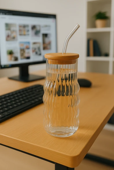 Bambu Kapaklı Motivasyon Cam Bardak / Suluk, 900 ml, Pipet Hediyeli ürün görseli 1