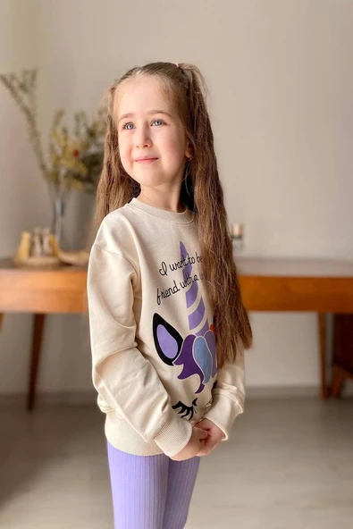 Unicorn Desenli Kız Çocuk Lila Renk Taytlı Takım - 3