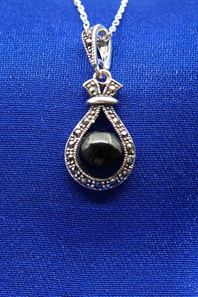 925 Ayar Kadın Oltu Taşı Kadın Kolye sk000108 - Resim 2