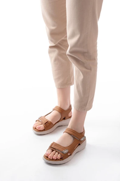 DM-363 Taba Baret Cırtlı Dikişli Günlük Kadın Sandalet - 2