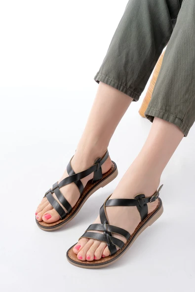 205-05 Siyah Ortopedik Hakiki Deri Kadın Sandalet - Resim 2