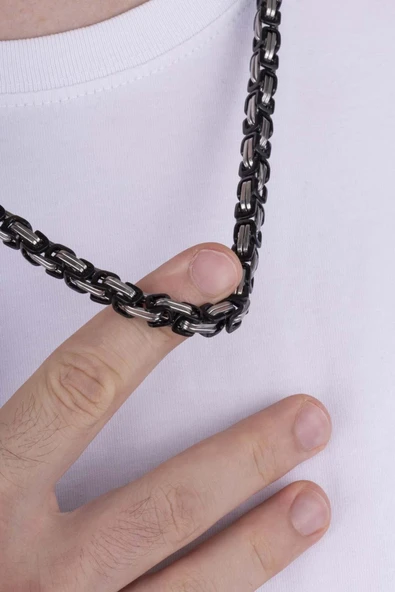 Gümüş Pazarım Çift Renkli Siyah Geçişli Çelik Erkek Kral Zincir Kolye ürün görseli 1