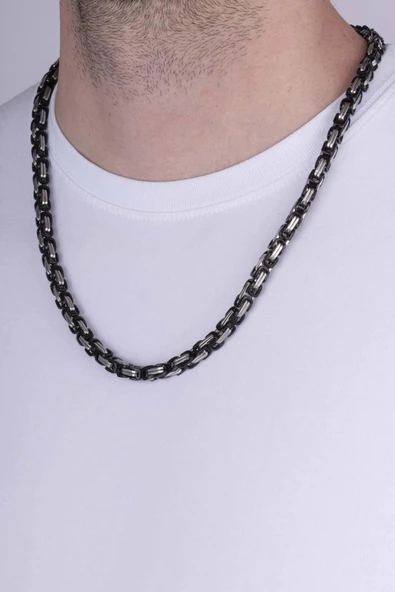 Gümüş Pazarım Çift Renkli Siyah Geçişli Çelik Erkek Kral Zincir Kolye - Resim 2