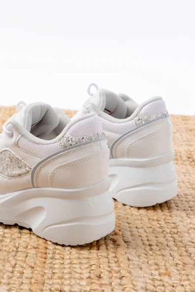 F-185 Beyaz Günlük Bağcıklı Taş Aksesuarlı Yazlık Spor Ayakkabı - Resim 5