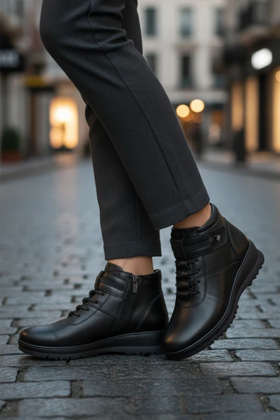 Voyager Siyah Hakiki Deri Fermuarlı Kadın Düz Bot - Resim 3