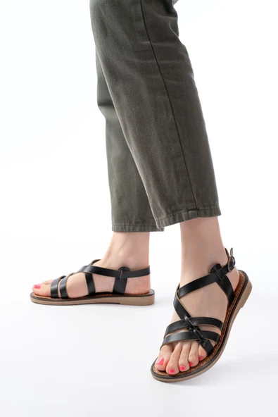 205-05 Siyah Ortopedik Hakiki Deri Kadın Sandalet - Resim 3