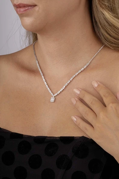 Gümüş Pazarım Baget Taşlı Pırlanta Montür Su Yolu Kadın Gümüş Kolye - Resim 2