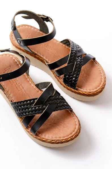 730-138 Siyah Örgü Hakiki Deri Ortopedik Taban Kadın Sandalet - 5