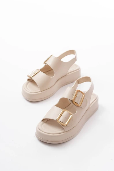 1187 Bej Dolgu Topuk Lastik Baretli  Kadın Sandalet - Resim 3